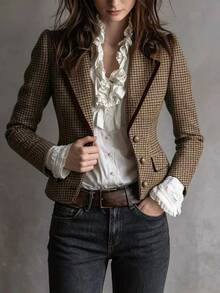 SHEIN Women's Autumn/Winter New Houndstooth Front Button Blazer Jacket, Velvet Trim, Elegant Commuter Slim Fit Suit - Brown - View 5