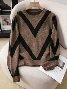 SHEIN Uhlyne Women's Fall‑Winter Crew Neck Sweater. Bold Geometric Jacquard, Brown Long‑Sleeve. Soft Basic Top For Commuting & Casual Looks - Multicolor - View 4