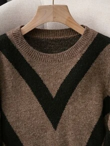 SHEIN Uhlyne Women's Fall‑Winter Crew Neck Sweater. Bold Geometric Jacquard, Brown Long‑Sleeve. Soft Basic Top For Commuting & Casual Looks - Multicolor - View 8