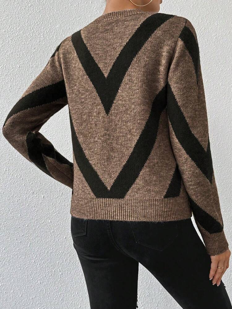 SHEIN Uhlyne Women's Fall‑Winter Crew Neck Sweater. Bold Geometric Jacquard, Brown Long‑Sleeve. Soft Basic Top For Commuting & Casual Looks - Multicolor - View 3