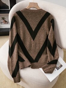 SHEIN Uhlyne Women's Fall‑Winter Crew Neck Sweater. Bold Geometric Jacquard, Brown Long‑Sleeve. Soft Basic Top For Commuting & Casual Looks - Multicolor - View 7