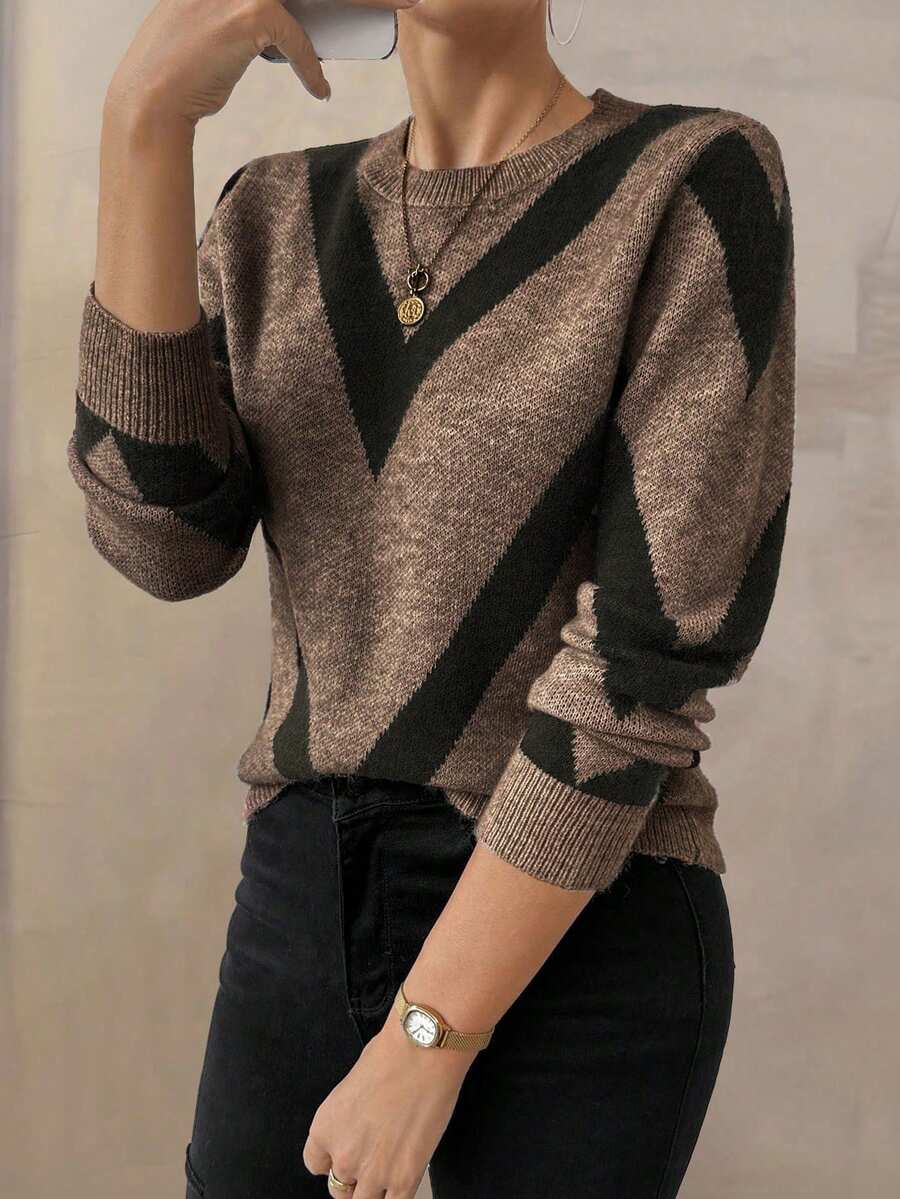 SHEIN Uhlyne Women's Fall‑Winter Crew Neck Sweater. Bold Geometric Jacquard, Brown Long‑Sleeve. Soft Basic Top For Commuting & Casual Looks - Multicolor - View 1