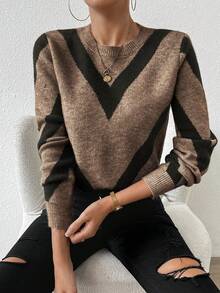 SHEIN Uhlyne Women's Fall‑Winter Crew Neck Sweater. Bold Geometric Jacquard, Brown Long‑Sleeve. Soft Basic Top For Commuting & Casual Looks - Multicolor - View 5