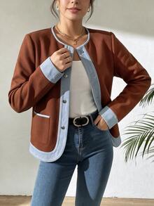 SHEIN Raffinéa Women's Autumn/Winter Fashion Commuter Round Neck Solid Color Patchwork Effect Long Sleeve Jacket, Suitable For Daily Wear, Elegant And Sophisticated - Brown - View 7