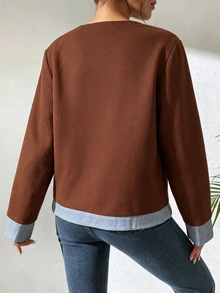SHEIN Raffinéa Women's Autumn/Winter Fashion Commuter Round Neck Solid Color Patchwork Effect Long Sleeve Jacket, Suitable For Daily Wear, Elegant And Sophisticated - Brown - View 3
