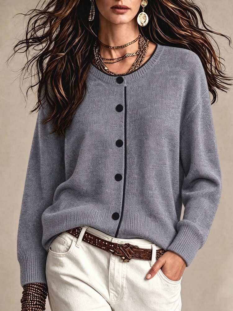 Franclia Women Blogger-Style Colorblock Loose Fit Crew Neck Sweater Jacket,Gray,Fall Winter,Casual,Office,Back-To-School Button Up Thin Cardigan European Cloth - Light Grey - View 3