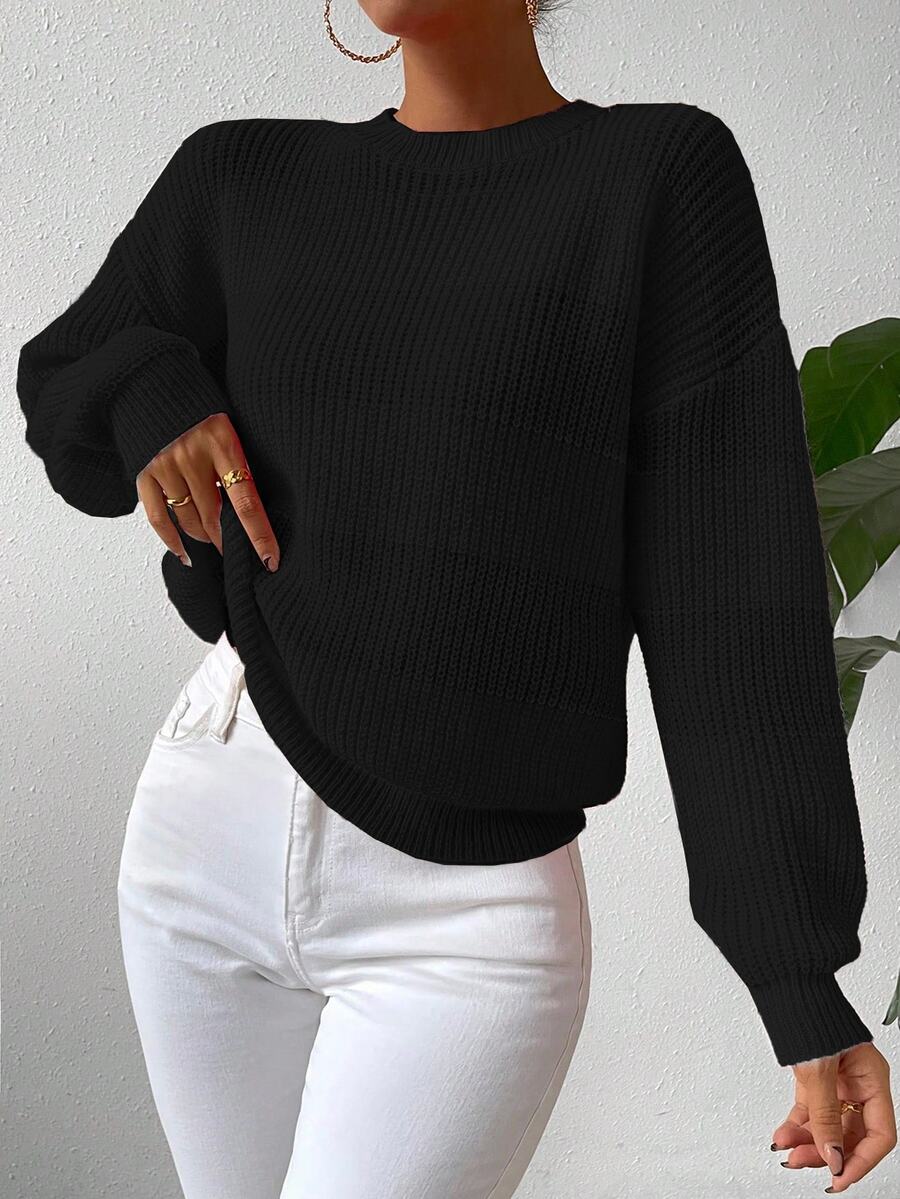 SHEIN Women Casual Minimalist Loose Fit Black Winter Basic Everyday Pullover Sweater, Solid Color Round Neck Drop Shoulder Long Sleeve Puff Top - Black - View 1