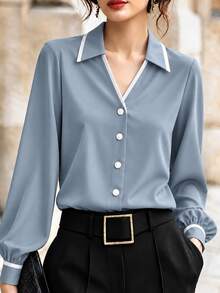 SHEIN قميص نسائي بتصميم كتل لونية كاجوال متعدد الاستخدامات للارتداء اليومي - ازرق ضبابي - مشاهدة 1