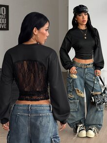 Coolane Women's Fall/Winter Back To School Basic Solid Color Pleated Asymmetrical Contrast Lace Neck Long Sleeve Pullover Black Sweatshirt Fall Outfits - Black - View 3