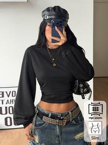 Coolane Women's Fall/Winter Back To School Basic Solid Color Pleated Asymmetrical Contrast Lace Neck Long Sleeve Pullover Black Sweatshirt Fall Outfits - Black - View 6