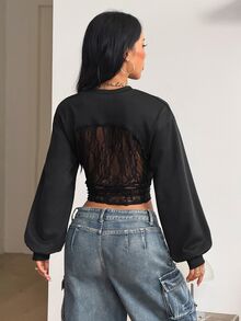 Coolane Women's Fall/Winter Back To School Basic Solid Color Pleated Asymmetrical Contrast Lace Neck Long Sleeve Pullover Black Sweatshirt Fall Outfits - Black - View 8