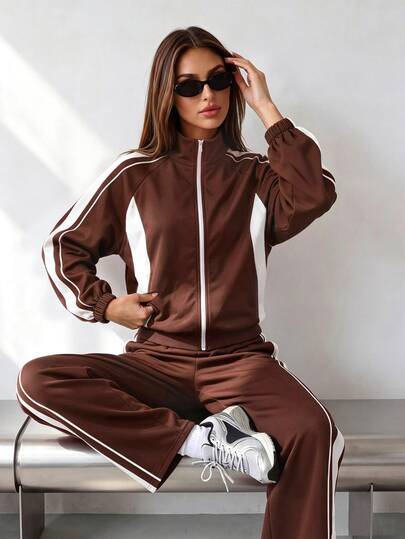 Sovereign Charm Women's Casual Sports Colorblock Zip-Up Jacket And Pants Set, Fitness Set, Women's Sportswear, Women's Fitness Set, Coffee Color, Autumn/Winter, Thermal Lined, Daily Casual