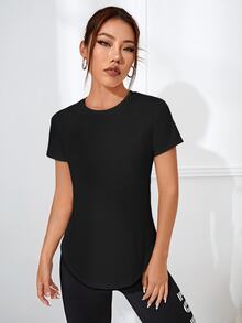 SHEIN Sports 迷彩印花弧形下摆运动 T 恤健身上衣健身背心 - 黑色 - 查看 5