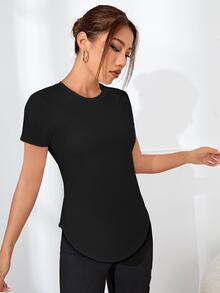 SHEIN Sports 迷彩印花弧形下摆运动 T 恤健身上衣健身背心 - 黑色 - 查看 7