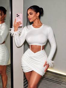 BamGleam Women's Spring/Autumn White Bodycon Mini Dress With Feather Decor And Exposed Sleeve Design, Sexy - White - View 3