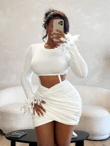 BamGleam Women's Spring/Autumn White Bodycon Mini Dress With Feather Decor And Exposed Sleeve Design, Sexy - White - View 5