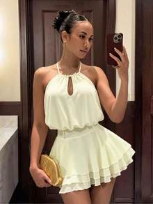 BamGleam Women's Solid Color Pleated Fashion Halter Neck Dress For Dating And Outings - Apricot - View 10