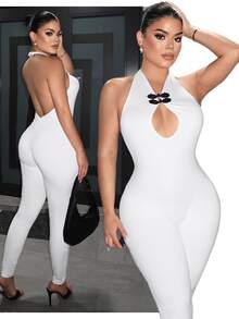 SHEIN SXY Jumpsuit Wanita Seksi dengan Desain Hollow Out dan Kerah Halter Pas Badan, Kancing Katak, untuk Klub dan Pergi Keluar - Hitam dan Putih - View 4