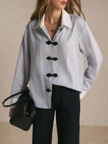 Poéselle Women's Color Block Collar Chinese-Inspired Frog Button Striped Shirt, Casual Fall Work Office Blouse For Back To School & Daily Wear - Blue - View 1