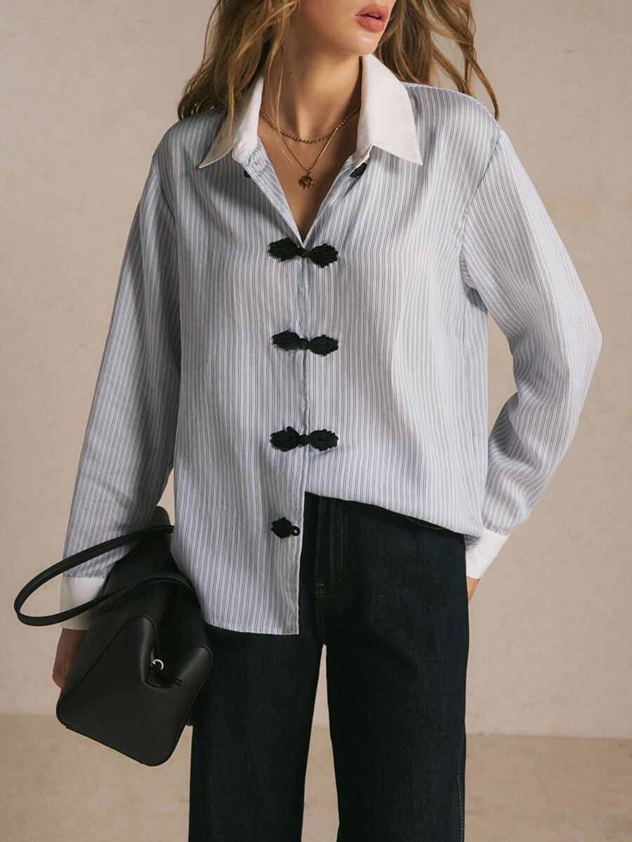 Poéselle Women's Color Block Collar Chinese-Inspired Frog Button Striped Shirt, Casual Fall Work Office Blouse For Back To School & Daily Wear - Blue - View 1