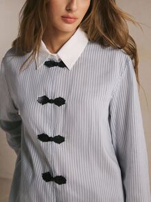 Poéselle Women's Color Block Collar Chinese-Inspired Frog Button Striped Shirt, Casual Fall Work Office Blouse For Back To School & Daily Wear - Blue - View 2