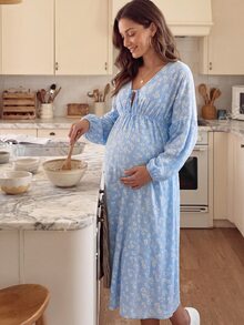 GentleRue Maternity Maternity Blue Daisy Floral Chiffon Long Sleeve Dress, V-Neck Tie Design, Lantern Sleeves For Elegant Look, 100% Cotton For Spring And Autumn - Multicolor - View 2