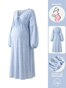 GentleRue Maternity Maternity Blue Daisy Floral Chiffon Long Sleeve Dress, V-Neck Tie Design, Lantern Sleeves For Elegant Look, 100% Cotton For Spring And Autumn - Multicolor - View 4