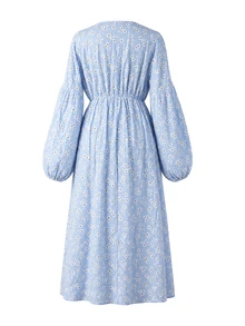 GentleRue Maternity Maternity Blue Daisy Floral Chiffon Long Sleeve Dress, V-Neck Tie Design, Lantern Sleeves For Elegant Look, 100% Cotton For Spring And Autumn - Multicolor - View 5