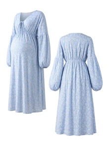 GentleRue Maternity Maternity Blue Daisy Floral Chiffon Long Sleeve Dress, V-Neck Tie Design, Lantern Sleeves For Elegant Look, 100% Cotton For Spring And Autumn - Multicolor - View 10