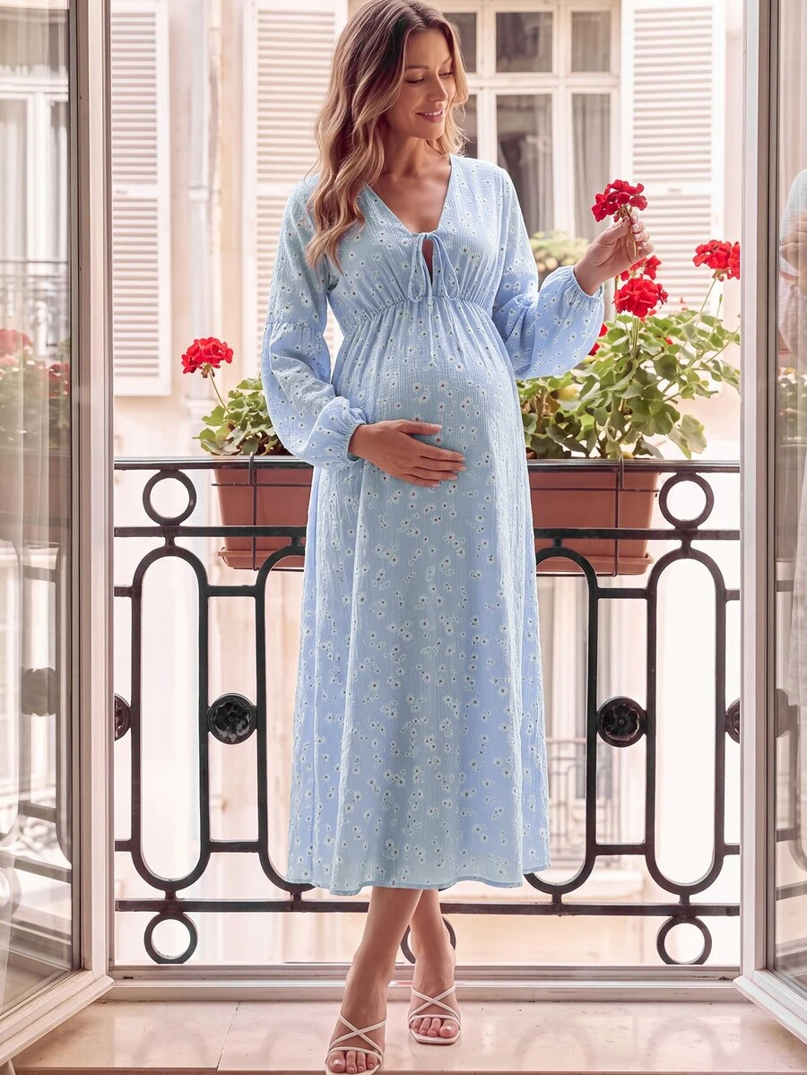 GentleRue Maternity Maternity Blue Daisy Floral Chiffon Long Sleeve Dress, V-Neck Tie Design, Lantern Sleeves For Elegant Look, 100% Cotton For Spring And Autumn - Multicolor - View 1