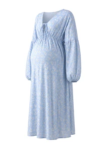 GentleRue Maternity Maternity Blue Daisy Floral Chiffon Long Sleeve Dress, V-Neck Tie Design, Lantern Sleeves For Elegant Look, 100% Cotton For Spring And Autumn - Multicolor - View 6