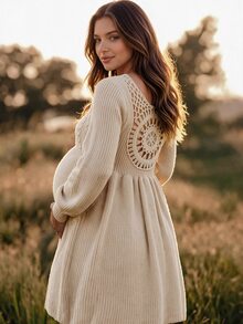 Boho Mama Maternity Vacation Casual Lantern Sleeve Knit Dress - Apricot - View 3