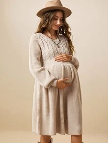Boho Mama Maternity Vacation Casual Lantern Sleeve Knit Dress - Apricot - View 7