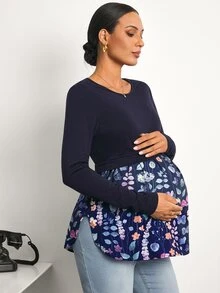 SHEIN Maternity Floral Print Colorblock Nursing Casual Everyday Top Fall - Navy Blue - View 5