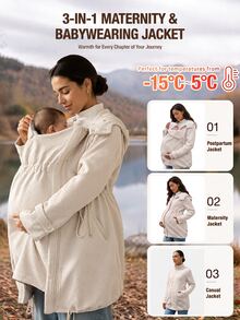 MaterniWear Maternity Cinched Waist Hooded 3-In-1 Jacket Autumn Going Out Pregnancy White Classic Rumi - Khaki - View 3