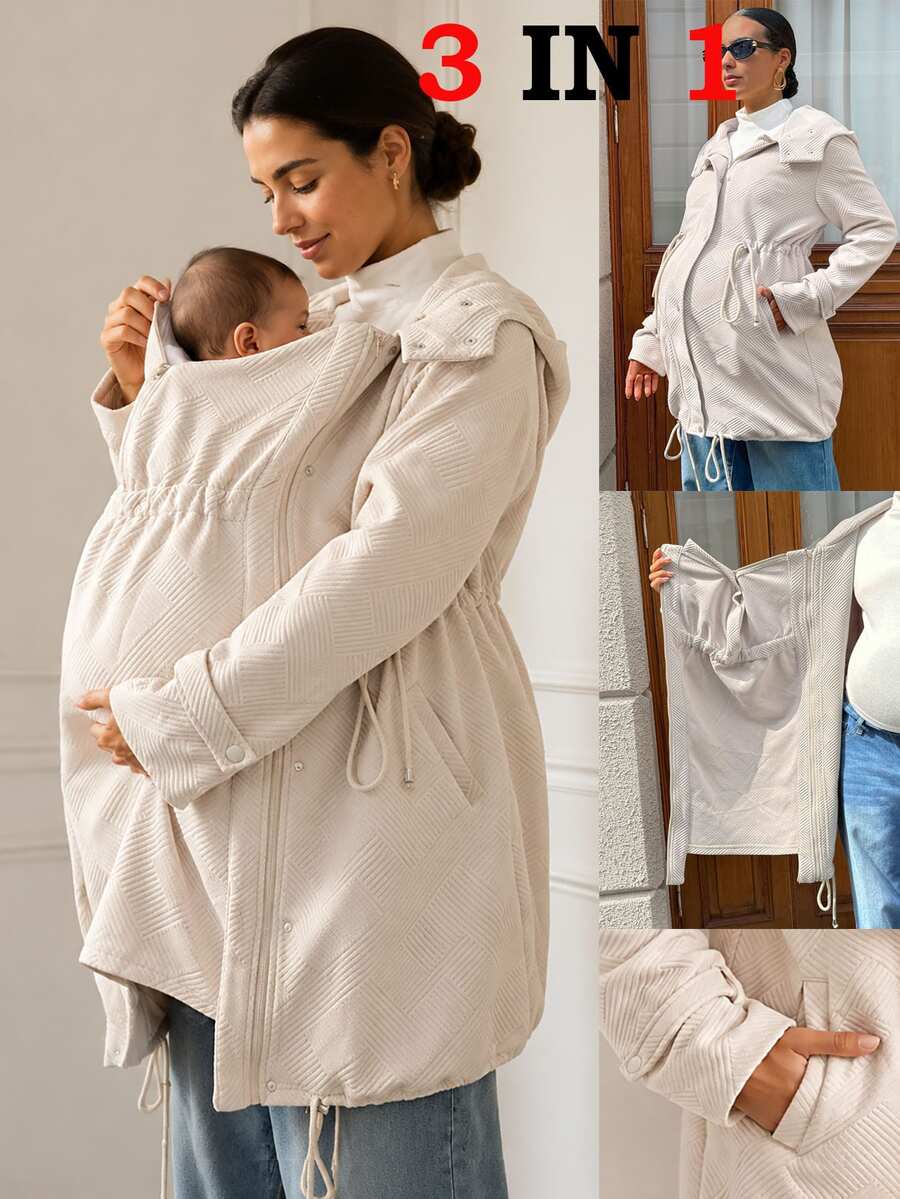 MaterniWear Maternity Cinched Waist Hooded 3-In-1 Jacket Autumn Going Out Pregnancy White Classic Rumi - Khaki - View 1