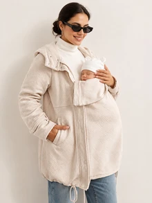 MaterniWear Maternity Cinched Waist Hooded 3-In-1 Jacket Autumn Going Out Pregnancy White Classic Rumi - Khaki - View 5
