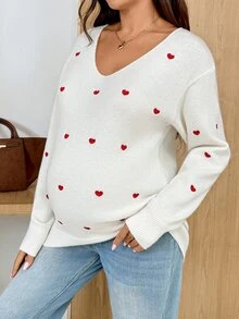 SHEIN Maternity Autumn/Winter Casual Heart Embroidered Sweater - White - View 6
