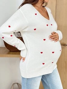 SHEIN Maternity Autumn/Winter Casual Heart Embroidered Sweater - White - View 5