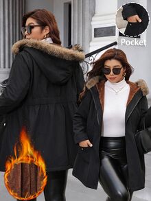 Reflora 大尺碼女款長袖前拉鍊連帽保暖內裡冬季夾克，黑色休閒寬鬆款，適合度假與外出 - 黑色 - 查看 6
