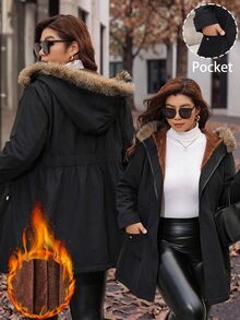 Reflora 大尺碼女款長袖前拉鍊連帽保暖內裡冬季夾克，黑色休閒寬鬆款，適合度假與外出 - 黑色 - 查看 14