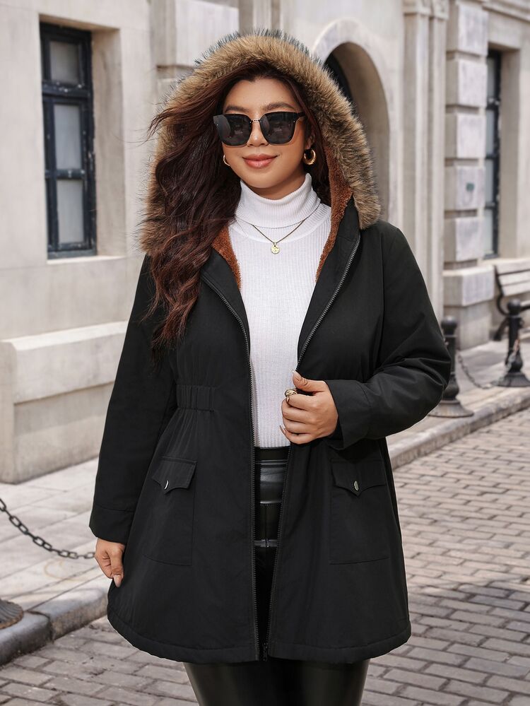 Reflora Plus Size Women's Long Sleeve Zipper Front Thermal Lined Hooded Winter Jacket Holiday Going Out Holiday Black Casual Baggy Baggy - Black - View 7