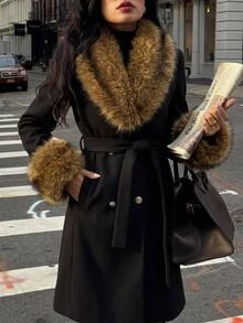 SHEIN Clasi 對比色毛絨雙排扣繫帶大衣，附口袋，復古人造毛拼接，黑色，秋季優雅日常約會之夜派對晚餐辦公保暖 - 彩色 - 查看 11
