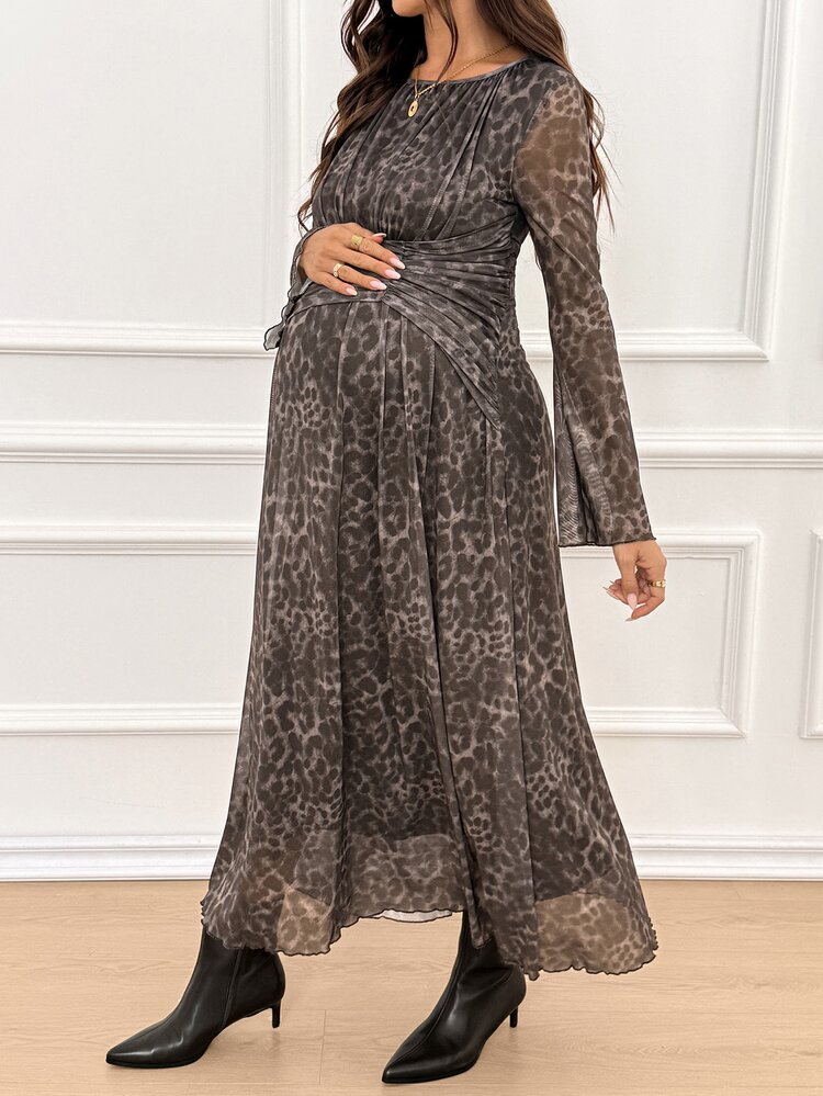 SHEIN Maternity Leopard Print Round Neck Long Sleeve Ruched Waist Elegant Dress Fall - Brown - View 5