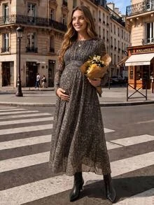 SHEIN Maternity Leopard Print Round Neck Long Sleeve Ruched Waist Elegant Dress Fall - Brown - View 1