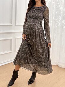 SHEIN Maternity Leopard Print Round Neck Long Sleeve Ruched Waist Elegant Dress Fall - Brown - View 2