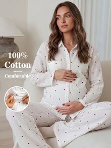 Slowluna Maternity Heart Pattern Long Sleeve Single-Breasted Top And Adjustable Waist Long Pants Casual Cute 2 Pieces Set Autumn Lounge Sleeping White - Multicolor - View 3