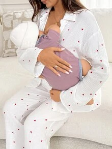 Slowluna Maternity Heart Pattern Long Sleeve Single-Breasted Top And Adjustable Waist Long Pants Casual Cute 2 Pieces Set Autumn Lounge Sleeping White - Multicolor - View 4