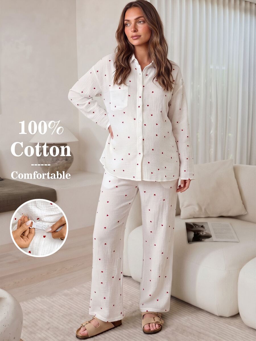 Slowluna Maternity Heart Pattern Long Sleeve Single-Breasted Top And Adjustable Waist Long Pants Casual Cute 2 Pieces Set Autumn Lounge Sleeping White - Multicolor - View 1