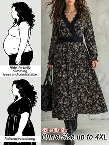 SHEIN LUNE 大尺碼秋季休閒碎花蕾絲拼接洋裝 - 彩色 - 查看 2